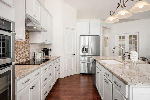 174 Grand Ridge Ct, Gahanna, OH 43230 - kitchen with appliances with stainless steel finishes, under cabinet range hood, dark wood-type flooring, and white cabinets