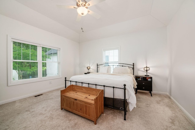 174 Grand Ridge Ct, Gahanna, OH 43230 - bedroom with light carpet, lofted ceiling, and a ceiling fan