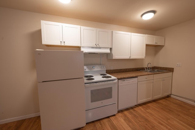 433 E 13th Ave, Columbus, OH 43201 - kitchen with white appliances, under cabinet range hood, light wood-style floors, dark countertops, and white cabinets