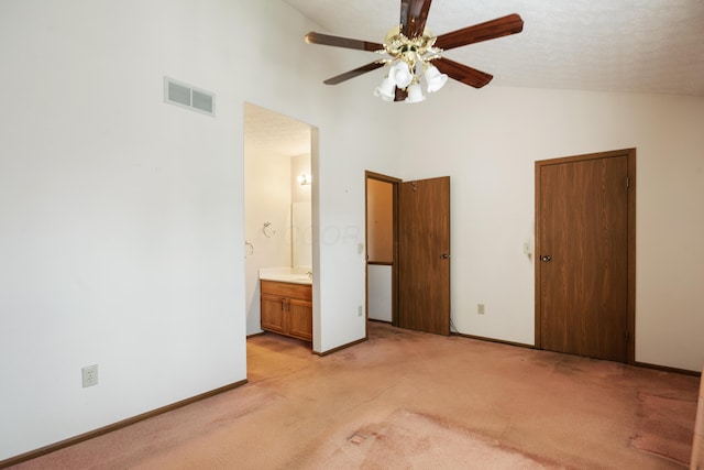 1176 Cambridge Way, Pickerington, OH 43147 - unfurnished bedroom featuring light colored carpet, high vaulted ceiling, ensuite bath, and a ceiling fan