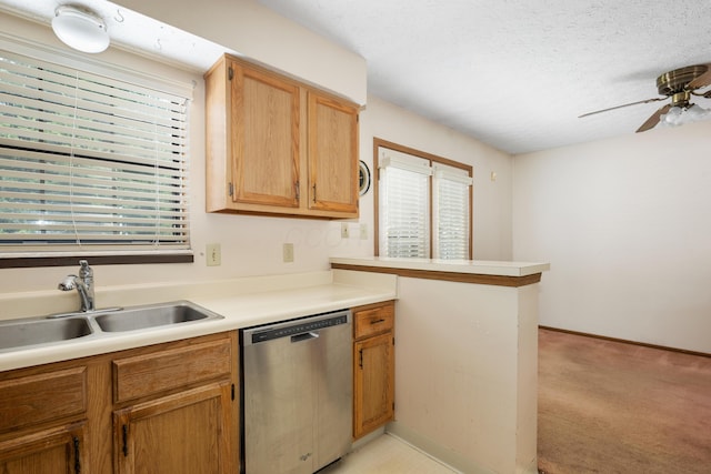 1176 Cambridge Way, Pickerington, OH 43147 - kitchen featuring stainless steel dishwasher, ceiling fan, a peninsula, light countertops, and light colored carpet
