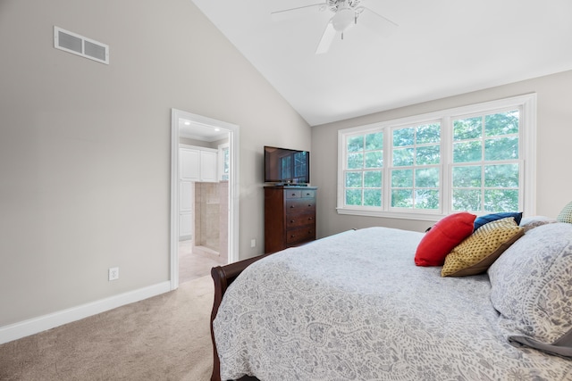 1359 White Oak Ln, New Albany, OH 43054 - bedroom featuring carpet, high vaulted ceiling, ensuite bath, and a ceiling fan