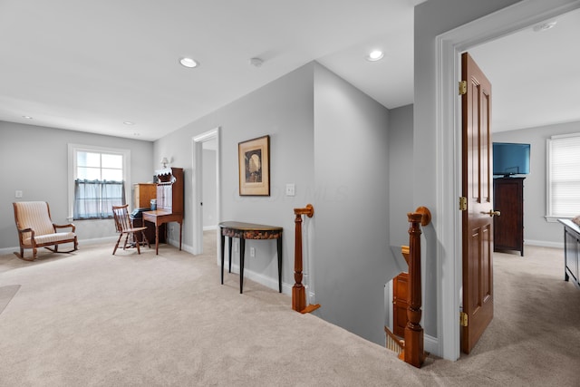 1359 White Oak Ln, New Albany, OH 43054 - sitting room with an upstairs landing, light carpet, and recessed lighting