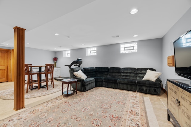 1359 White Oak Ln, New Albany, OH 43054 - living room featuring recessed lighting and light tile patterned flooring