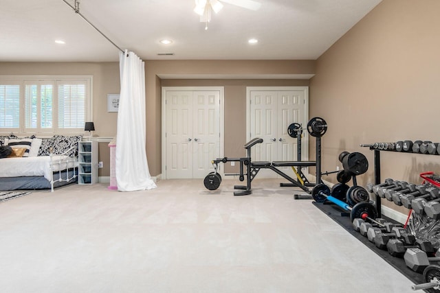 993 Starlight Ln, Westerville, OH 43082 - workout area with carpet, recessed lighting, and a ceiling fan