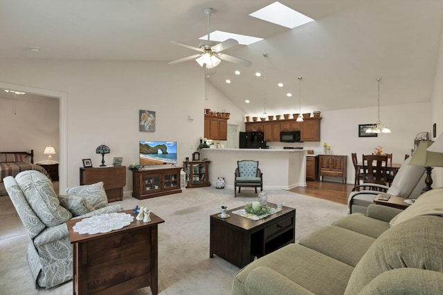786 Stone Ridge Way, Newark, OH 43055 - living area with a ceiling fan, high vaulted ceiling, a skylight, and recessed lighting
