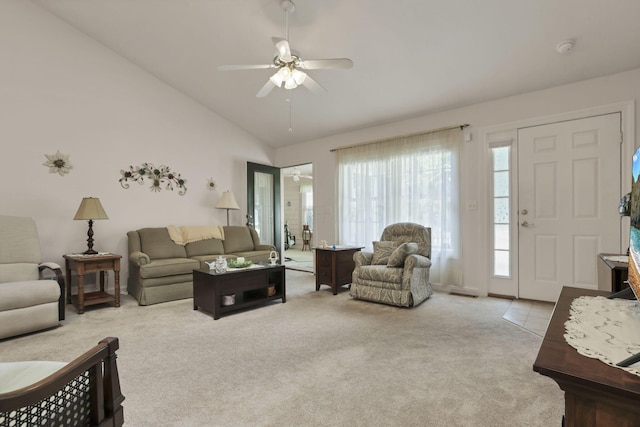 786 Stone Ridge Way, Newark, OH 43055 - carpeted living area featuring lofted ceiling and a ceiling fan