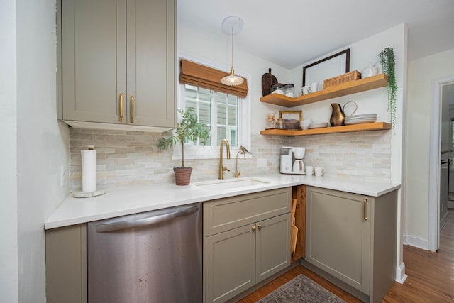 922 S Remington Rd, Columbus, OH 43209 - kitchen with dishwasher, gray cabinets, wood finished floors, tasteful backsplash, and light countertops