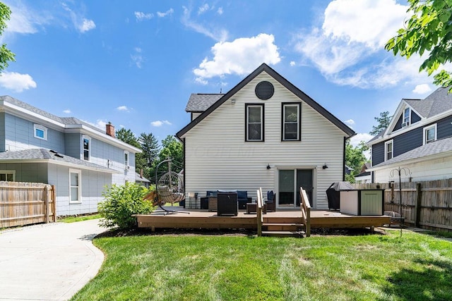 112 Oak Hill Ave, Delaware, OH 43015 - back of house with a fenced backyard, a deck, and an outdoor hangout area