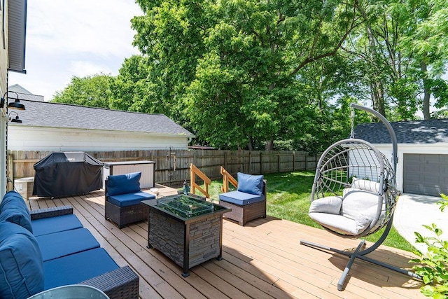 112 Oak Hill Ave, Delaware, OH 43015 - wooden deck featuring an outdoor living space, a fenced backyard, and a grill