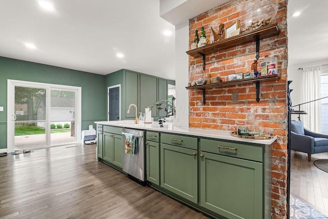 112 Oak Hill Ave, Delaware, OH 43015 - kitchen with green cabinetry, dishwasher, light countertops, dark wood-style floors, and recessed lighting