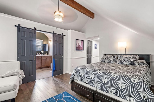 112 Oak Hill Ave, Delaware, OH 43015 - bedroom with a barn door, hardwood / wood-style flooring, ensuite bathroom, and a ceiling fan