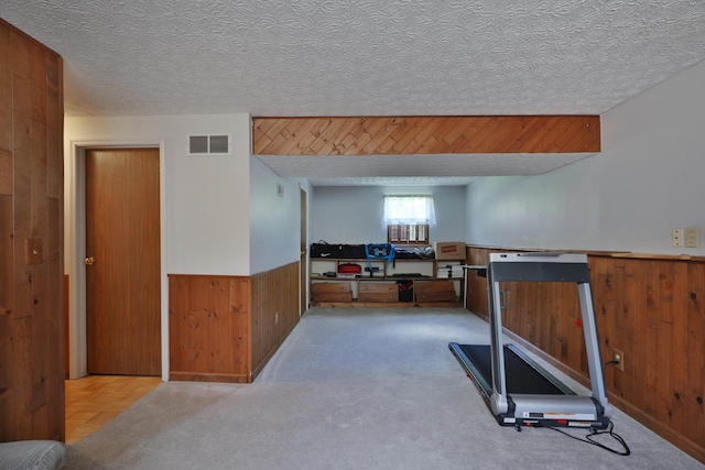 7805 Kiowa Way, Columbus, OH 43085 - workout room featuring wood walls, a wainscoted wall, and a textured ceiling