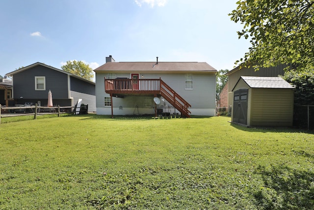 7805 Kiowa Way, Columbus, OH 43085 - rear view of house featuring a shed, stairway, a wooden deck, and a chimney