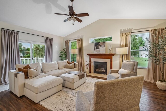 142 Blakemore Dr, Delaware, OH 43015 - living room featuring healthy amount of natural light, vaulted ceiling, a ceiling fan, and dark wood-type flooring