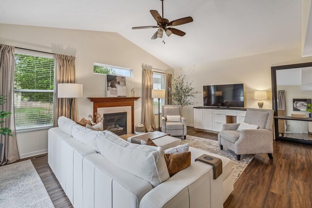 142 Blakemore Dr, Delaware, OH 43015 - living area featuring vaulted ceiling, healthy amount of natural light, ceiling fan, dark wood finished floors, and a tile fireplace