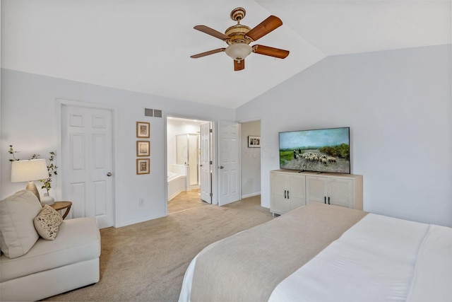 142 Blakemore Dr, Delaware, OH 43015 - bedroom with light carpet, lofted ceiling, ensuite bathroom, and ceiling fan