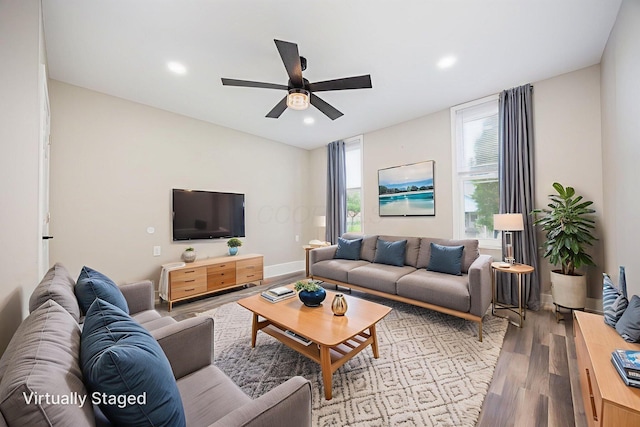 765 Campbell Ave, Columbus, OH 43222 - living room with wood finished floors, ceiling fan, and recessed lighting