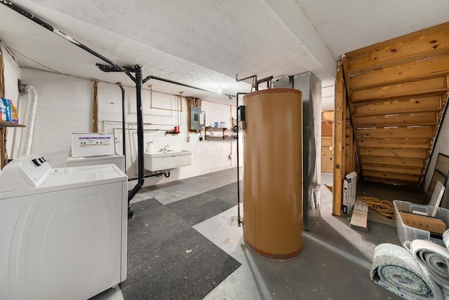 1768 Lake Meadow Dr Unit 1768H, Reynoldsburg, OH 43068 - basement with water heater, separate washer and dryer, electric panel, concrete block wall, and a textured ceiling