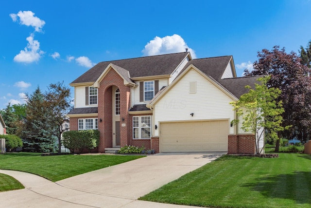 5899 Cove Point Ct, Columbus, OH 43228 - traditional-style home featuring a garage, driveway, brick siding, a front yard, and roof with shingles