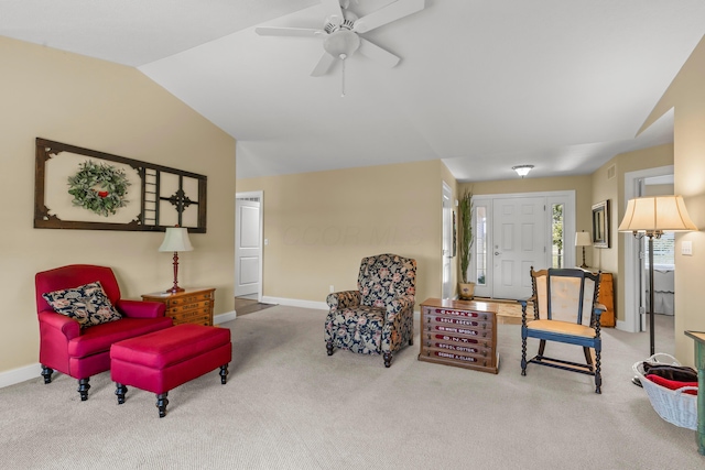 3582 Panhandle Rd, Delaware, OH 43015 - living area featuring lofted ceiling, carpet floors, and a ceiling fan