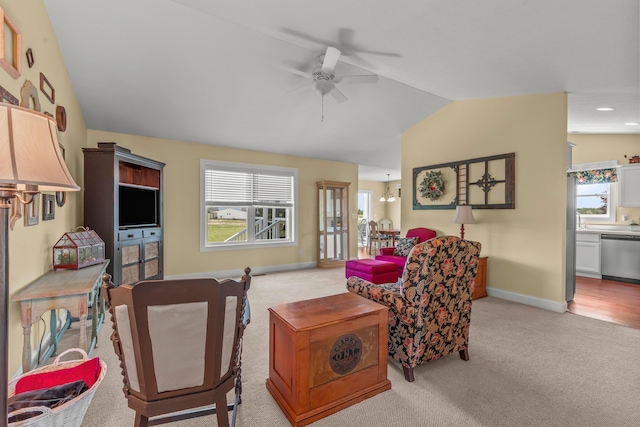 3582 Panhandle Rd, Delaware, OH 43015 - living room featuring ceiling fan, vaulted ceiling, light carpet, healthy amount of natural light, and recessed lighting