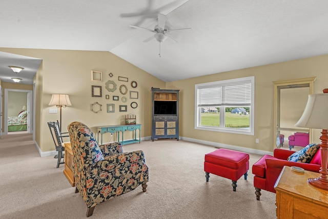 3582 Panhandle Rd, Delaware, OH 43015 - carpeted living area featuring vaulted ceiling and ceiling fan