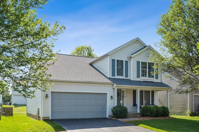 1118 Barlowe Run Dr, Blacklick, OH 43004 - traditional-style house with a porch, asphalt driveway, an attached garage, a front yard, and a shingled roof
