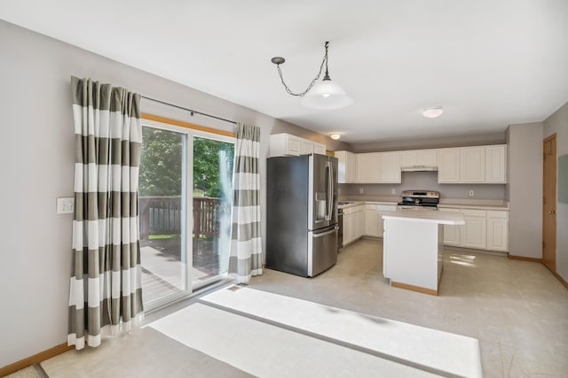 1118 Barlowe Run Dr, Blacklick, OH 43004 - kitchen with stainless steel fridge with ice dispenser, electric stove, light countertops, white cabinetry, and a center island