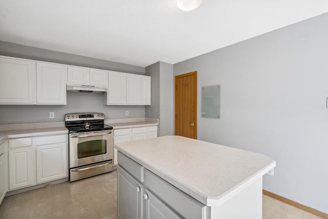 1118 Barlowe Run Dr, Blacklick, OH 43004 - kitchen with stainless steel electric range, under cabinet range hood, light countertops, white cabinetry, and a center island