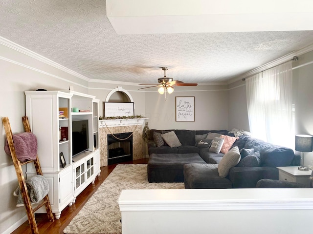19 Ravine View Ct, Pataskala, OH 43062 - living area with a textured ceiling, dark wood-style flooring, a ceiling fan, ornamental molding, and a premium fireplace