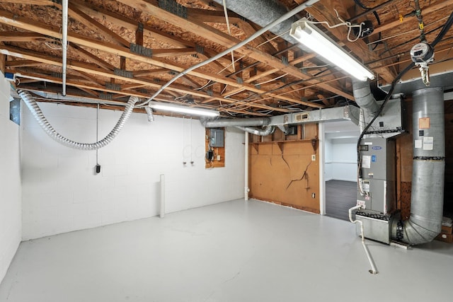 2663 Cedar Lake Dr, Dublin, OH 43016 - unfinished below grade area featuring heating unit, electric panel, and concrete block wall
