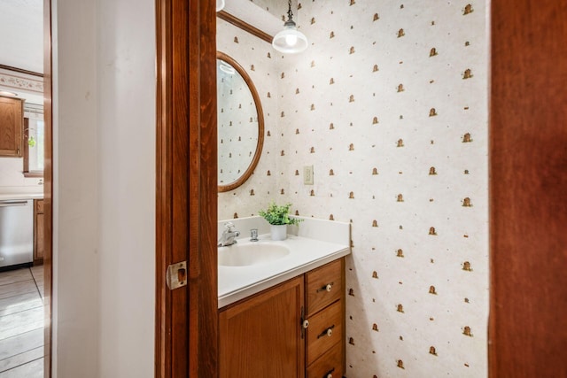 6945 Cooper Rd, Westerville, OH 43081 - half bath featuring wallpapered walls and vanity