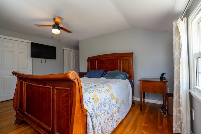 4754 Amesbury Way, Columbus, OH 43228 - bedroom featuring wood finished floors, lofted ceiling, and a ceiling fan