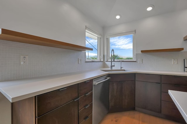 7688 State Route 257, Prospect, OH 43342 - kitchen featuring open shelves, dishwasher, dark brown cabinets, light wood-style flooring, and light countertops