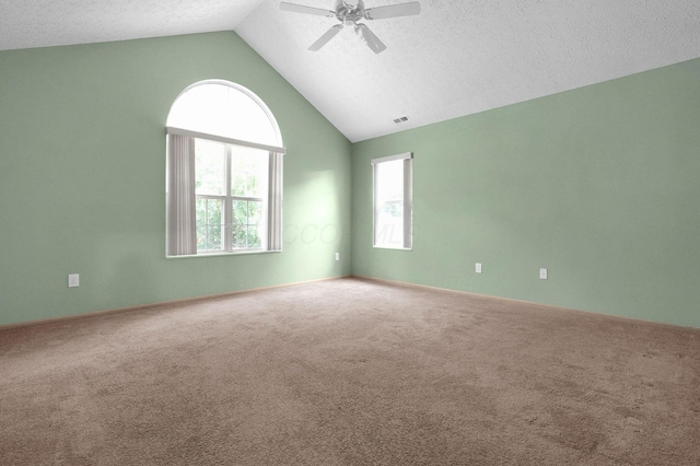 3712 E Links Cir, Hilliard, OH 43026 - spare room featuring carpet flooring, a ceiling fan, healthy amount of natural light, high vaulted ceiling, and a textured ceiling