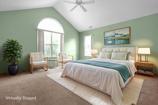 3712 E Links Cir, Hilliard, OH 43026 - bedroom featuring carpet, high vaulted ceiling, multiple windows, and a ceiling fan