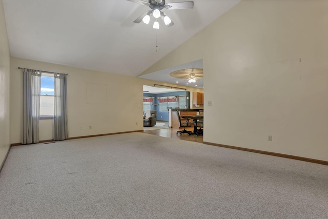 201 Christopher Ct, Hebron, OH 43025 - unfurnished living room featuring ceiling fan, light colored carpet, and high vaulted ceiling