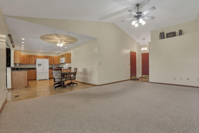 201 Christopher Ct, Hebron, OH 43025 - living area featuring a ceiling fan, light colored carpet, recessed lighting, and high vaulted ceiling