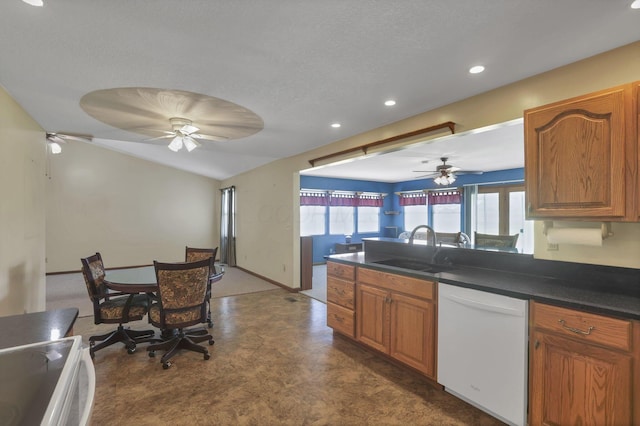 201 Christopher Ct, Hebron, OH 43025 - kitchen featuring white appliances, dark countertops, recessed lighting, brown cabinets, and a ceiling fan