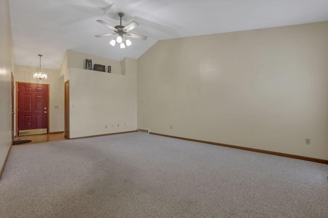 201 Christopher Ct, Hebron, OH 43025 - carpeted spare room featuring a chandelier, lofted ceiling, and a ceiling fan