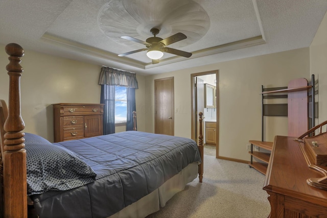201 Christopher Ct, Hebron, OH 43025 - bedroom featuring a tray ceiling, light colored carpet, a textured ceiling, ceiling fan, and ensuite bath