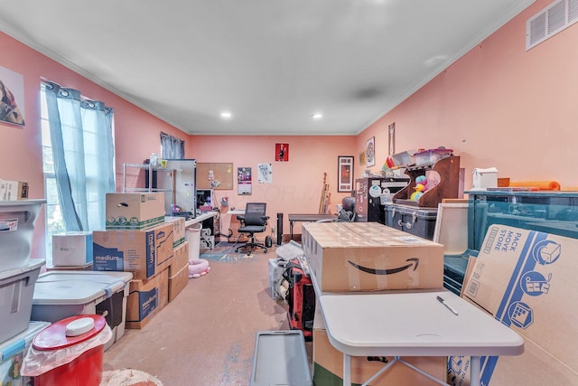 123 Deerwalk Cir, Marietta, OH 45750 - basement with a desk, crown molding, and recessed lighting