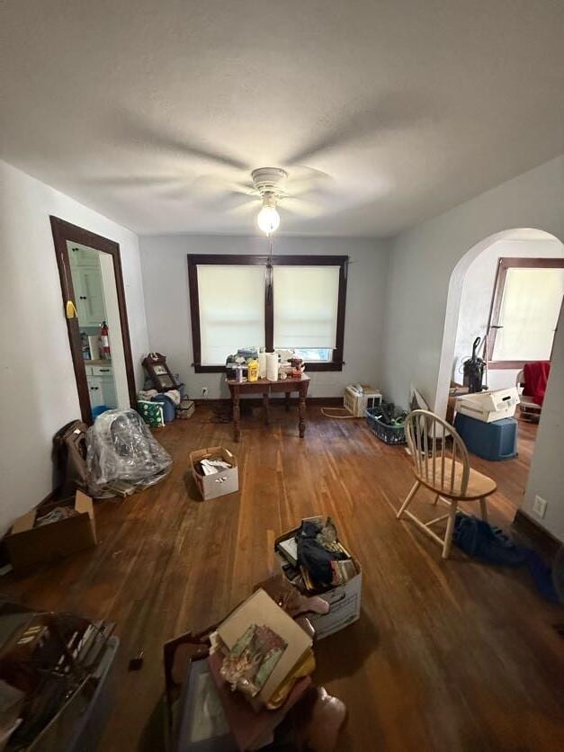 289 S Walnut St, Wilmington, OH 45177 - dining room featuring arched walkways, wood finished floors, and ceiling fan