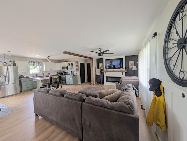 3439 Rough And Ready Rd, New Concord, OH 43762 - living room featuring a ceiling fan, light wood-style floors, and a glass covered fireplace