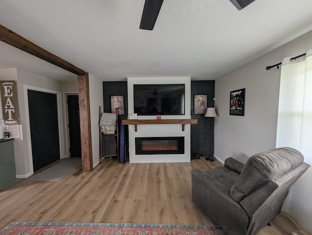 3439 Rough And Ready Rd, New Concord, OH 43762 - living room with wood finished floors, a glass covered fireplace, and a ceiling fan