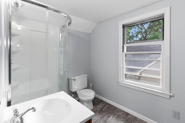 206 Lintner St, Columbus, OH 43230 - full bathroom with marble look tiles, a shower with shower door, vanity, and vaulted ceiling