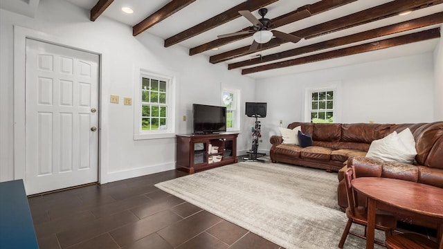 5377 Moots Run Rd, Alexandria, OH 43001 - living area featuring beamed ceiling, a ceiling fan, and recessed lighting