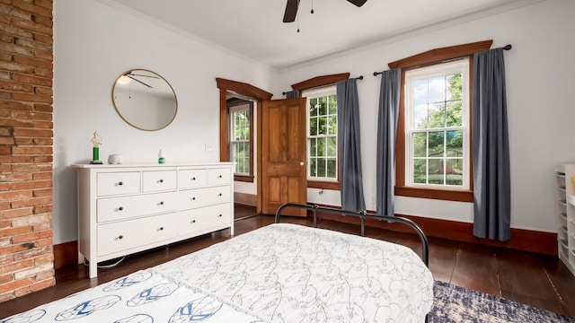 5377 Moots Run Rd, Alexandria, OH 43001 - bedroom with dark wood-style flooring, ornamental molding, and ceiling fan