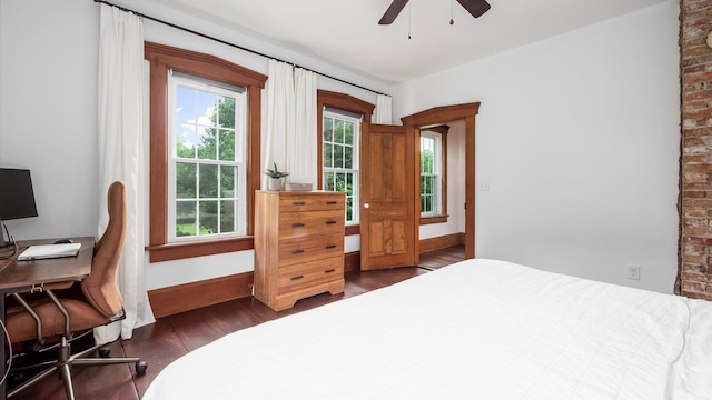 5377 Moots Run Rd, Alexandria, OH 43001 - bedroom with dark wood-style floors, an office area, and a ceiling fan